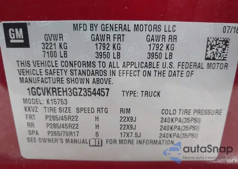 2016 Chevrolet Silverado 1500 1Lt z USA, uszkodzony, nr VIN 1GCVKREH3GZ354457